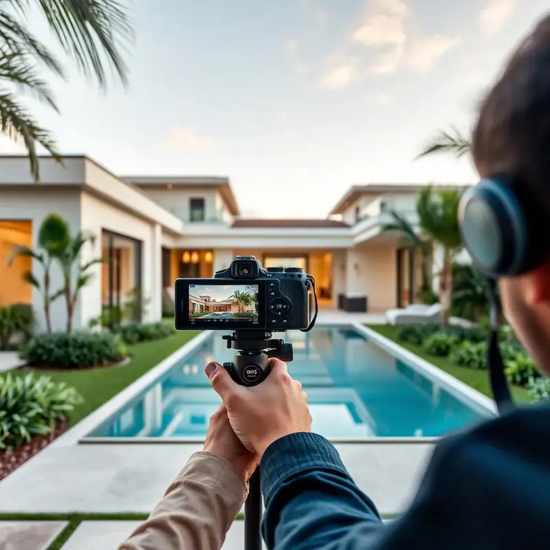 Photographer filming a villa and swimming pool with a handheld camera