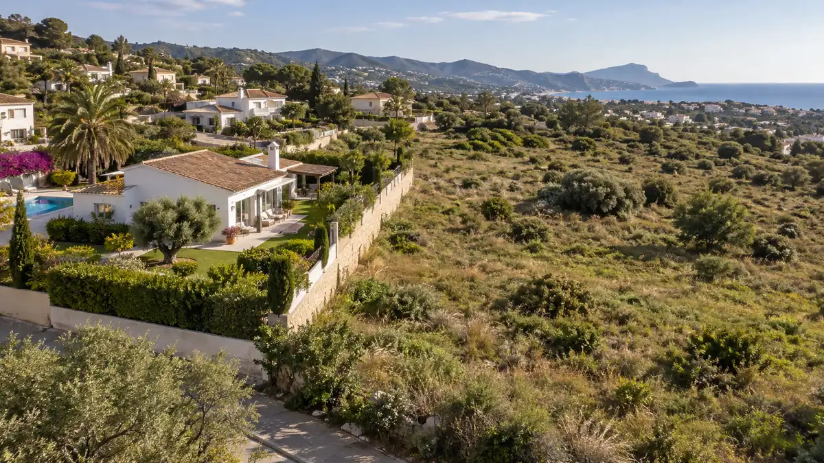 Illustrative aerial view of a Mediterranean home beside an open grassy and scrub-covered parcel