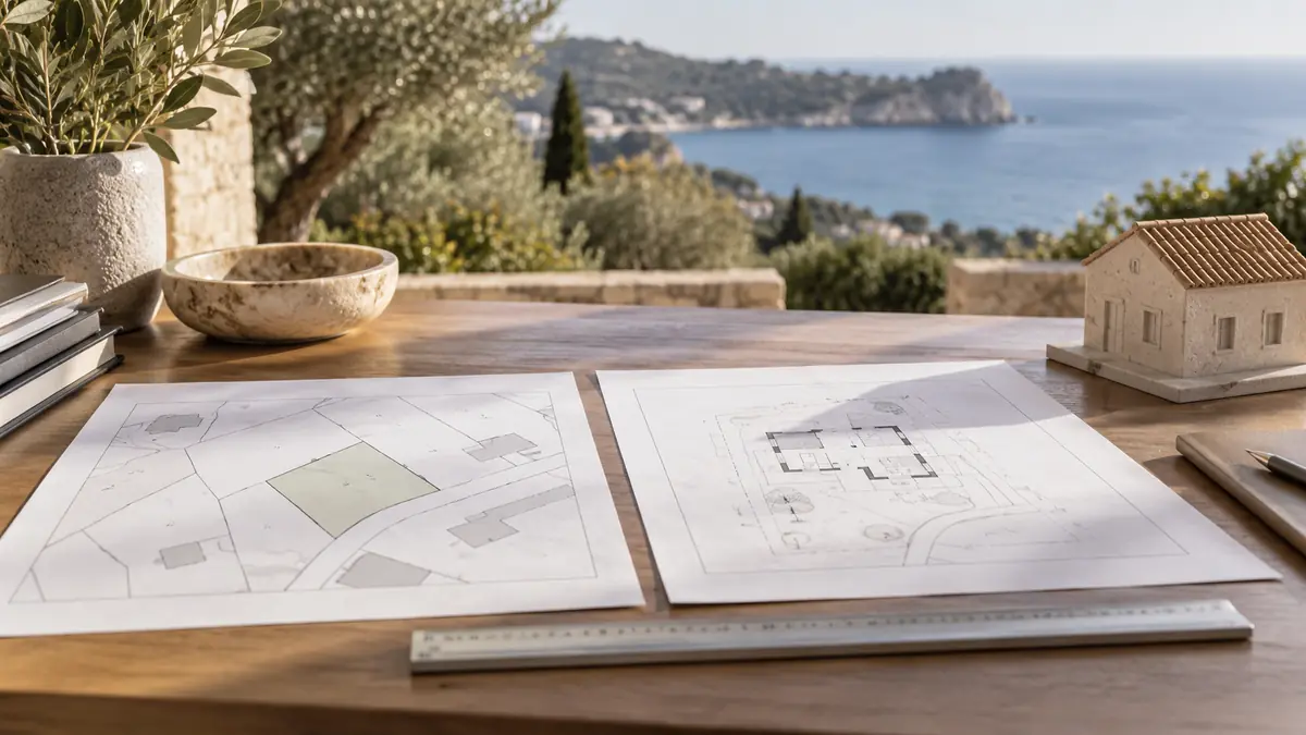 Dos planos inmobiliarios junto a regla y maqueta de casa