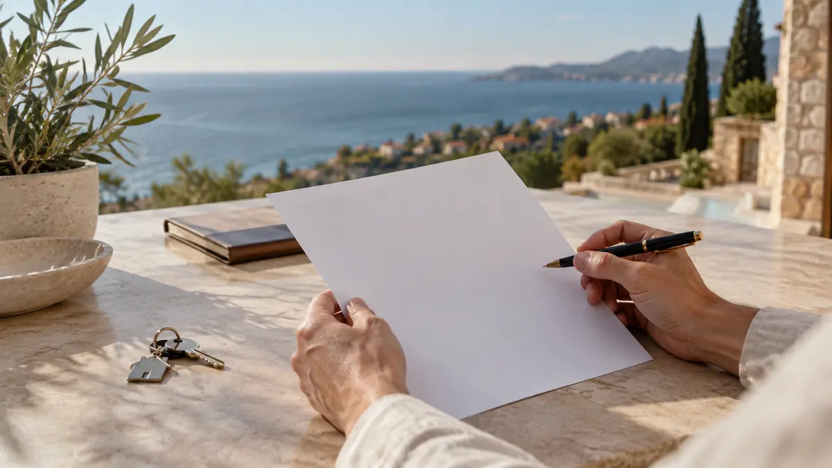 Mains examinant un document d’agence près d’un stylo et de clés