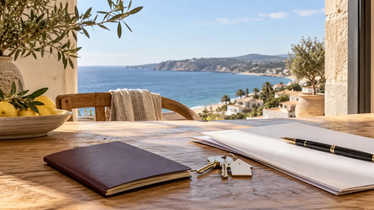 Passeport, clés et documents près d’une vue sur mer