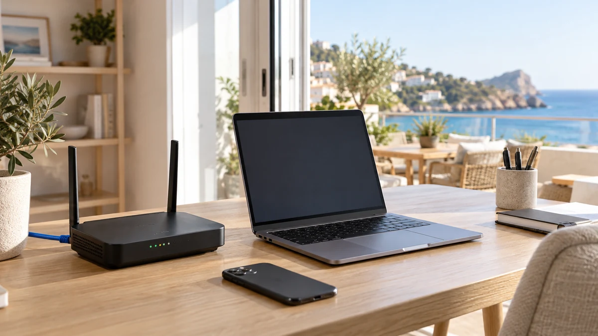 Routeur Wi-Fi, câble Ethernet, ordinateur et téléphone sur un bureau dans un logement méditerranéen
