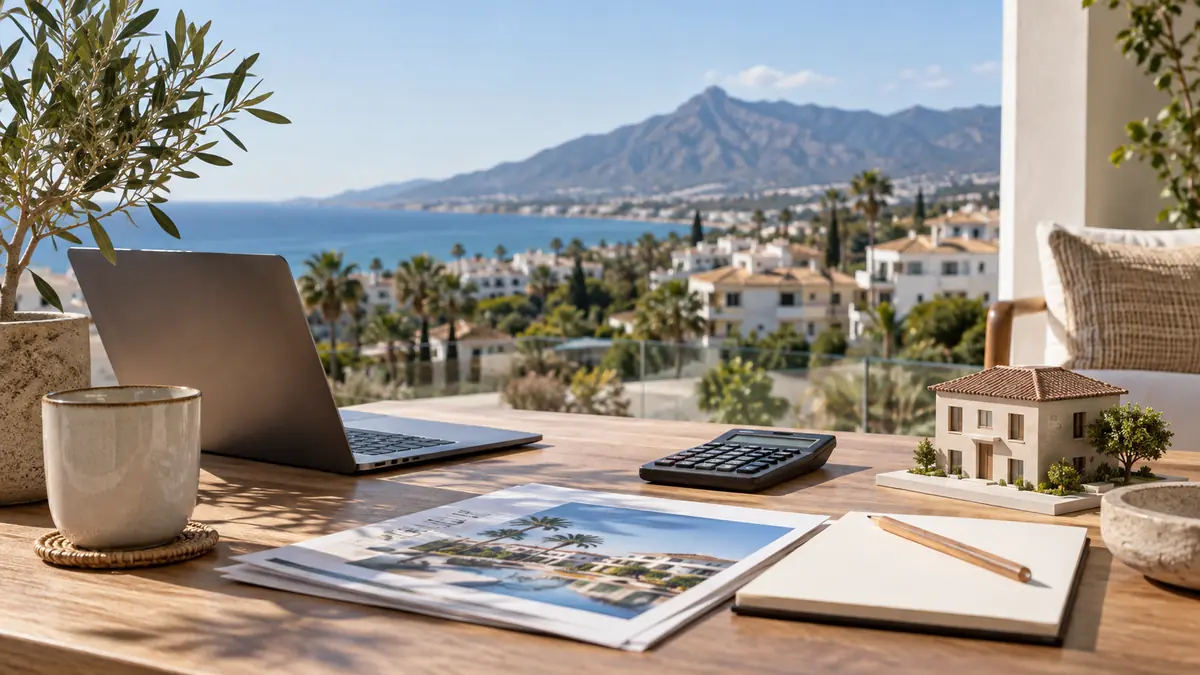 Laptop, calculator and house model overlooking the coast