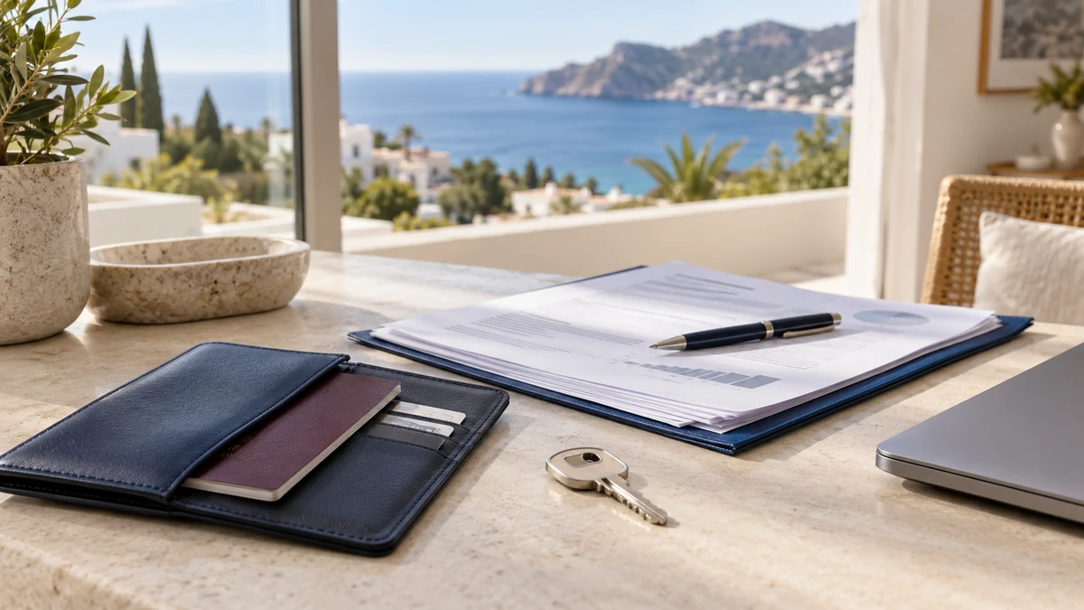 Porte-documents de voyage, dossier financier et clé de logement sur un bureau avec vue sur la côte