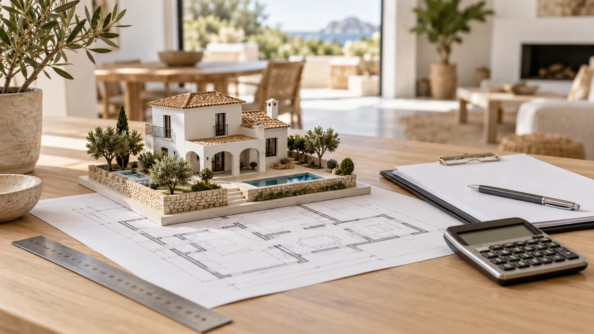 Maquette d’une villa espagnole sur un plan, à côté d’une règle, d’un porte-bloc et d’une calculatrice