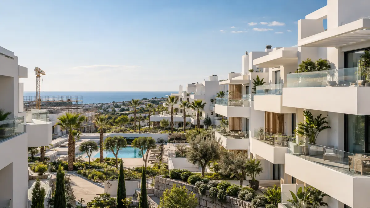 Apartamentos blancos modernos con balcones y patio ajardinado