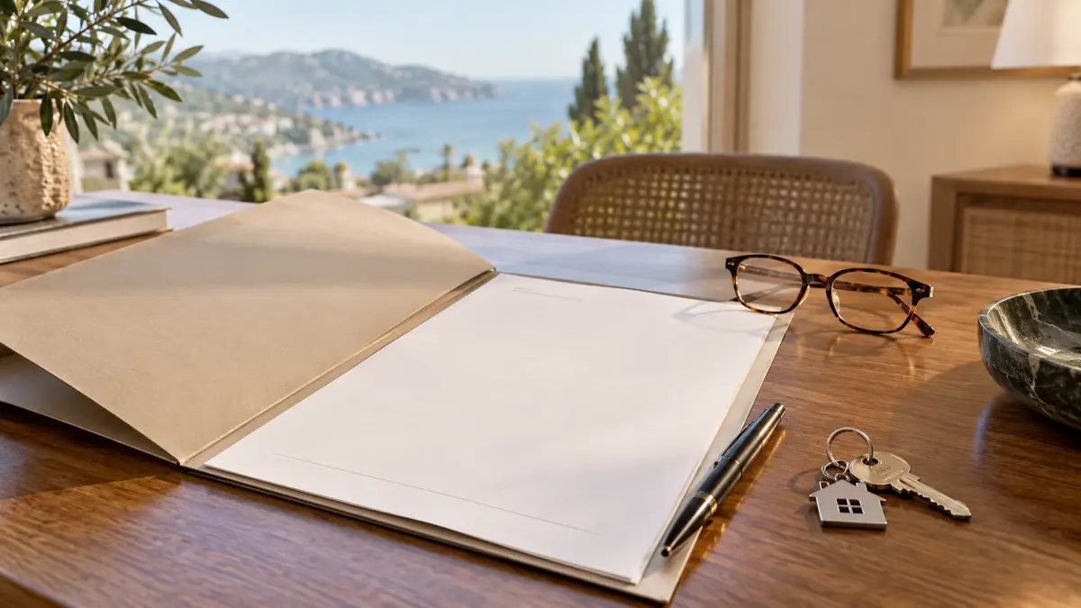 Carpeta de documentos inmobiliarios con llaves y gafas