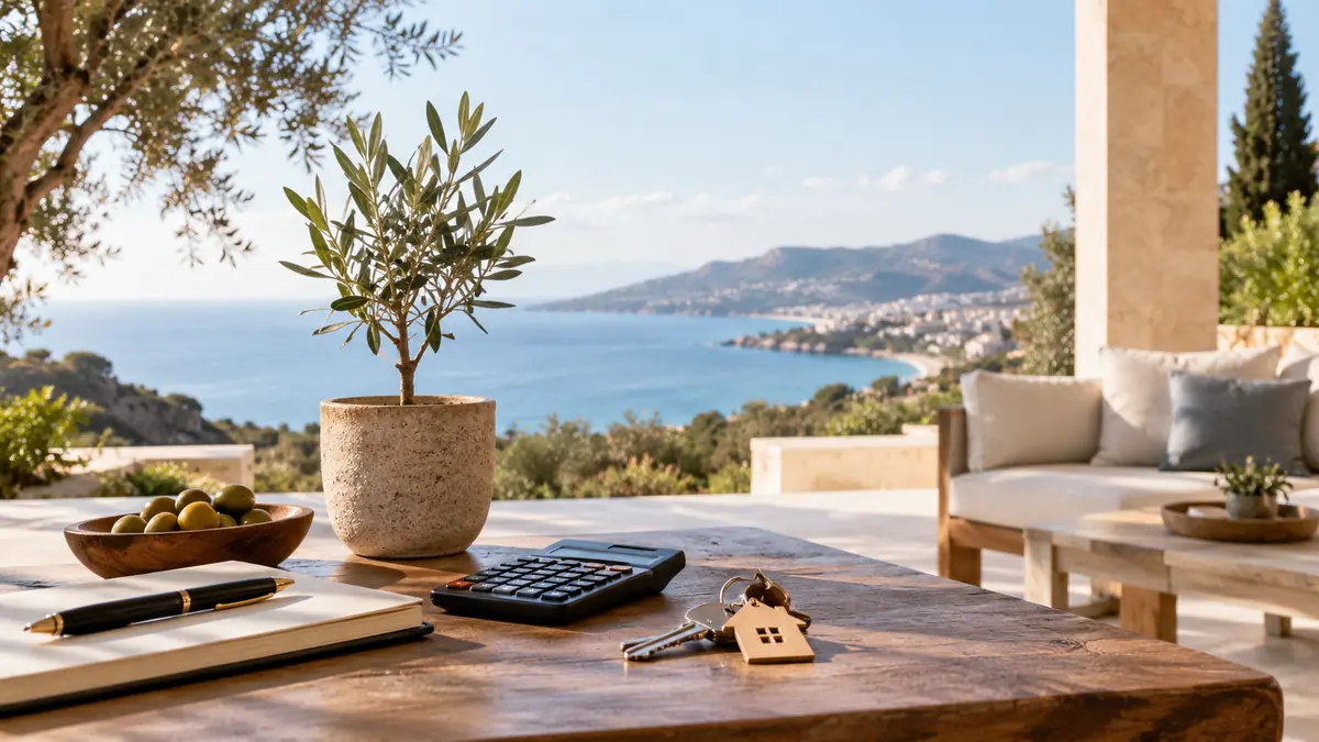 Calculator, young olive tree and house keys on a terrace