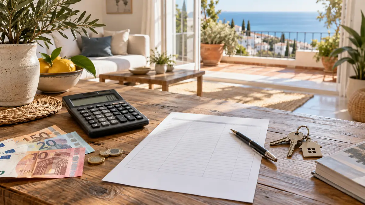 Calculatrice, euros, budget et clés de logement