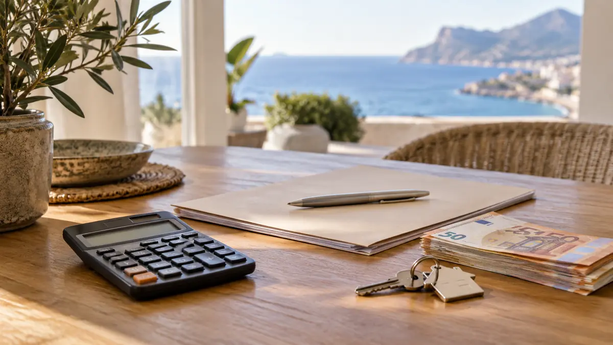Calculatrice, dossier, euros et clés sur une table
