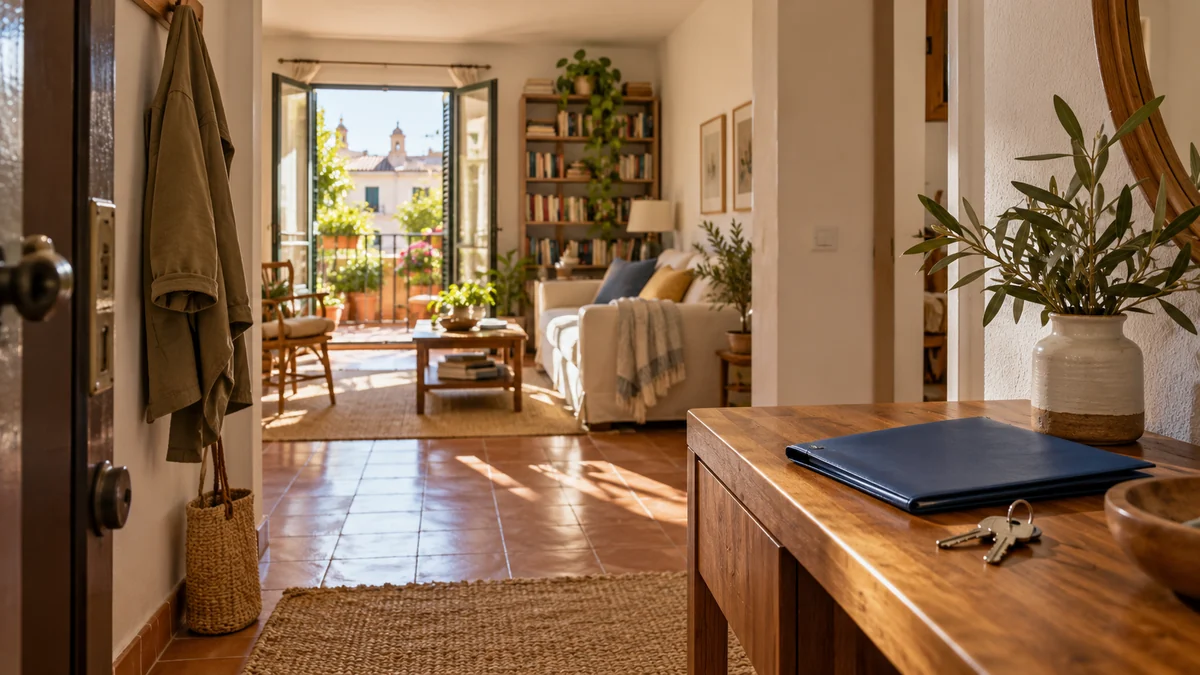Entrée d’un appartement habité avec dossier bleu, clés, livres et plantes, ouvrant vers un séjour lumineux.