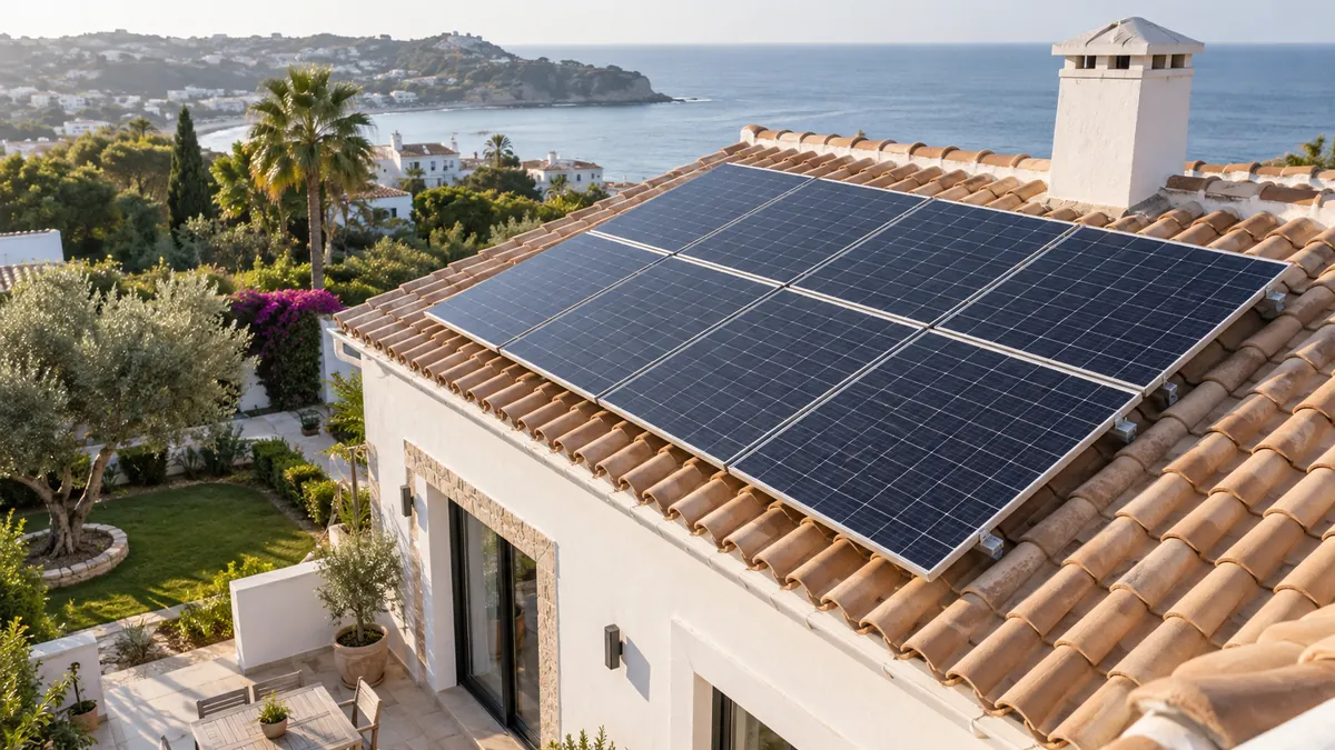 Panneaux photovoltaïques sur le toit en tuiles d’une maison méditerranéenne illustrative