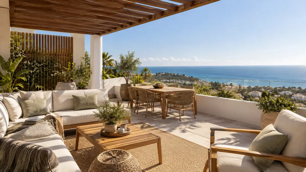 Sea-view terrace with pergola shade and screening plants